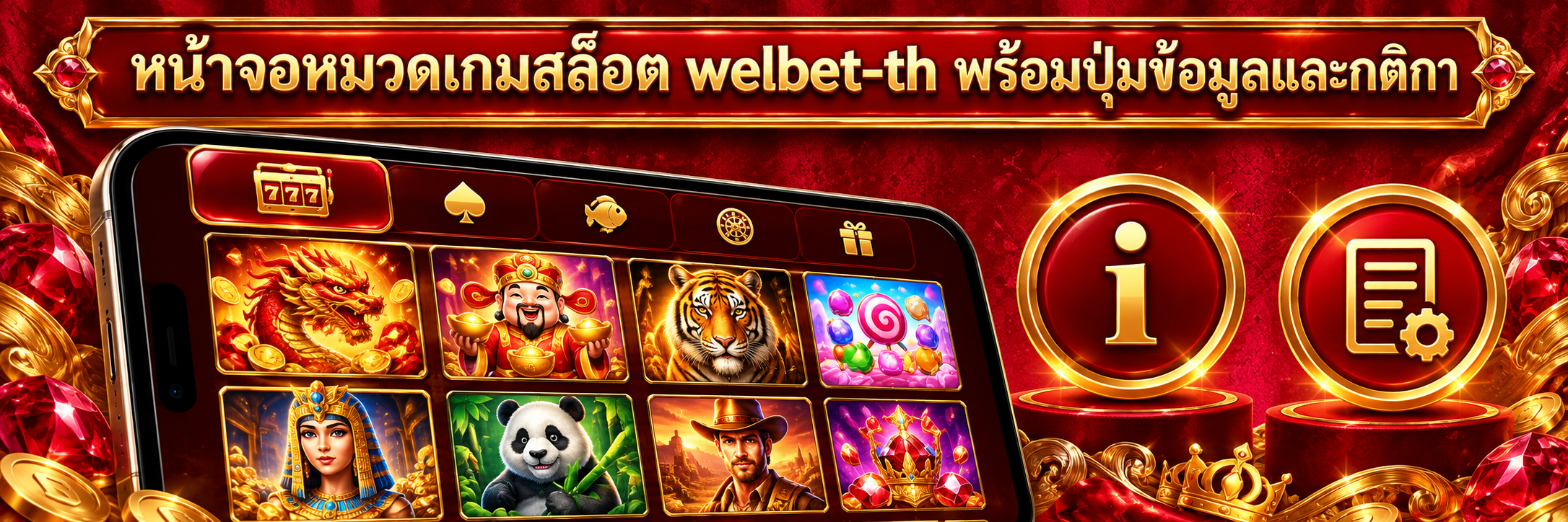 หน้าจอหมวดเกมสล็อต welbet-th พร้อมปุ่มข้อมูลและกติกา