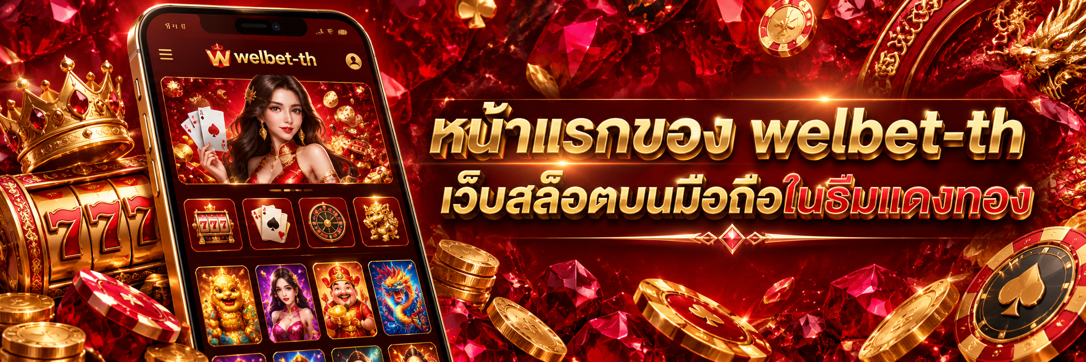 หน้าแรกของ welbet-th เว็บสล็อตบนมือถือในธีมแดงทอง